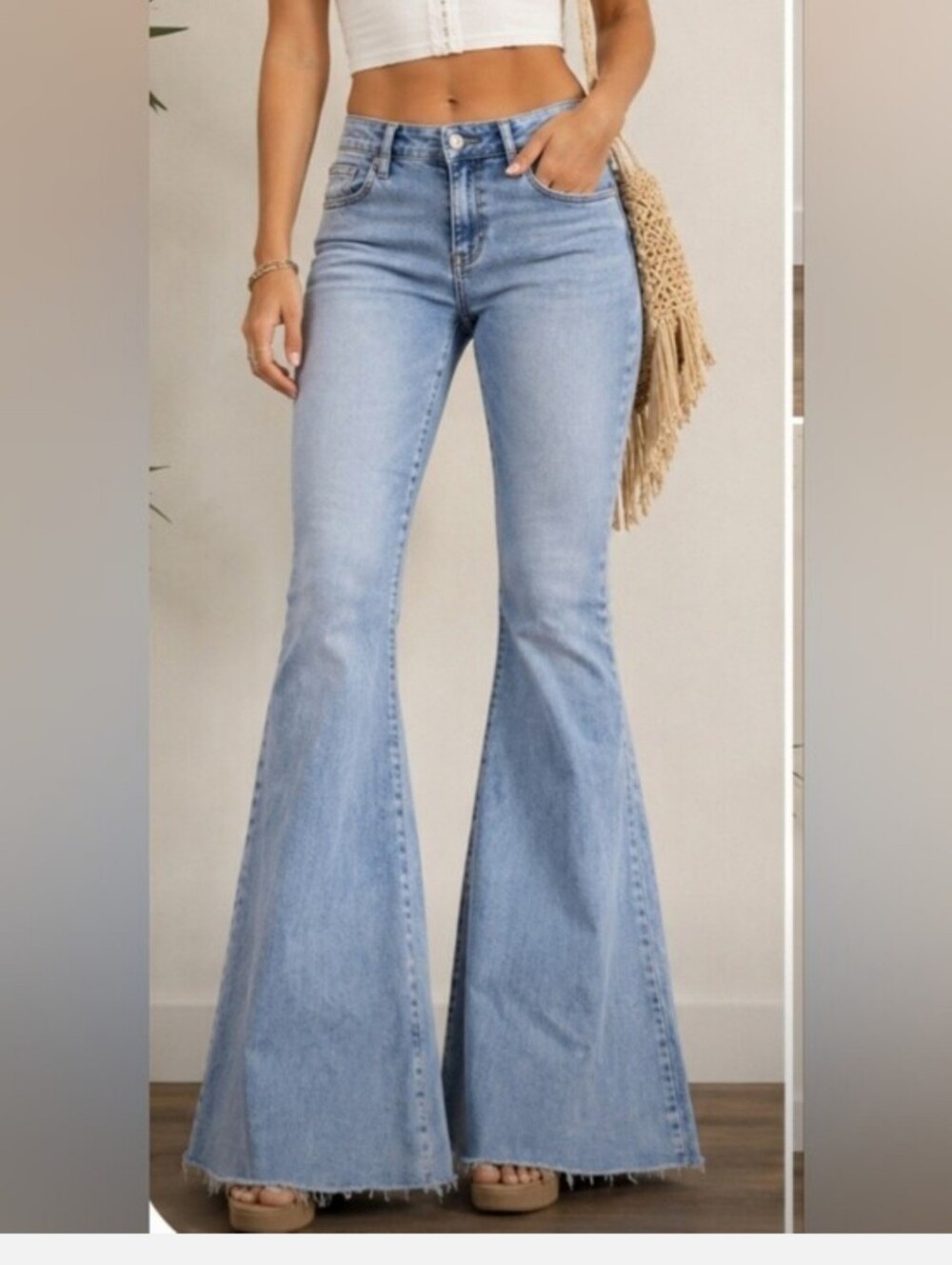 Free People Extreme Flare Bell Bottom Jeans Light Wash Raw Hem Size 25